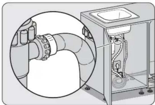 Technical illustration of a pipe connection system inside a washing machine (no text or symbols visible)