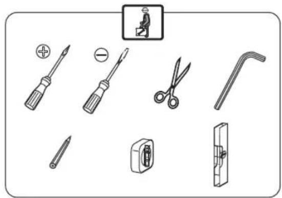 Collection of electrical switch components including screwdriver, screwdriver, screwdriver, scissors, and clip, no text or labels.