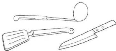 Line drawings of kitchen utensils including a ladle, spatula, and knife (no text or symbols)