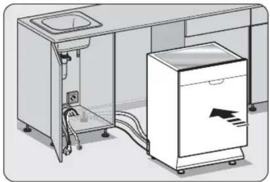 Diagram of a kitchen sink and refrigerator with pipes and a directional arrow indicating airflow or ventilation (no text or symbols present).