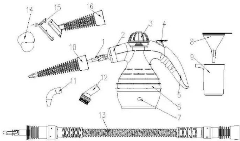 Technical diagram of a spray gun with numbered parts for identification and assembly reference.