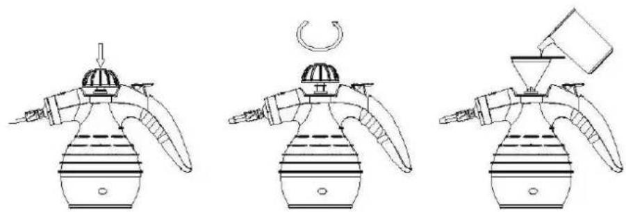Three line drawings of a spray gun with three different designs, showing different mechanical setups (no text or symbols present)