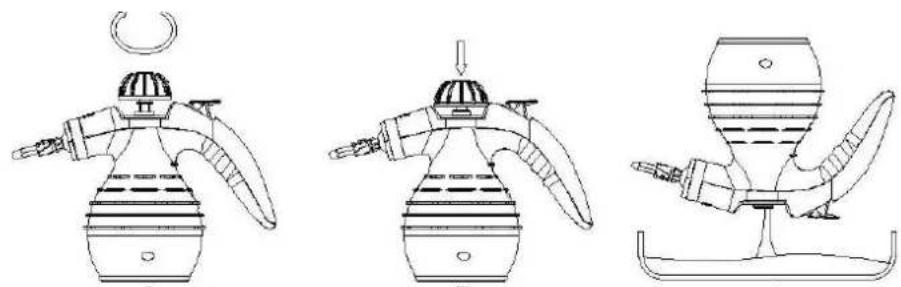 Three line drawings of a decorative lamp with curved blades and a handle, showing different mechanical or architectural designs (no text or symbols)
