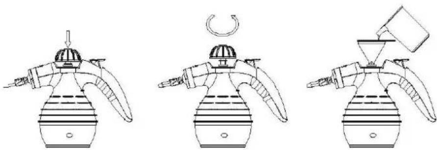 Three line drawings of a spray bottle with different nozzle designs and a handle, shown from top to bottom (no text or symbols)