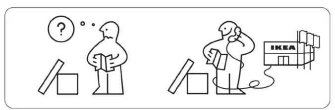 Illustration montrant deux personnages de dessin animé avec des points d'interrogation et un bâtiment IKEA, représentant une scène de réflexion et un appel téléphonique.