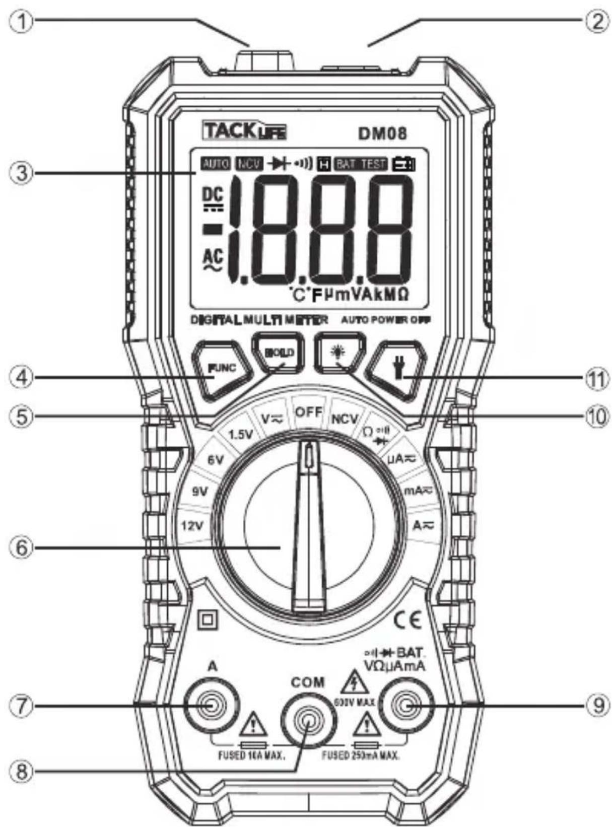 TACKU8 DM08 AUTO NCV H BAT TEST DC 18.8.8 AC 1.8.8.8 °C*FμmVAKMΩ DIGITALMULTI METER AUTO POWER OFF FUNC BOLD 1.5V V~ OFF NCV Ω~II 6V mA~ 9V A~ 12V CE A COM 600V MAX FUSED 16A MAX. FUSED 250mA MAX. ① ② ③ ④ ⑤ ⑥ ⑦ ⑧ ⑨