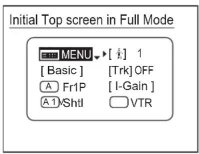 Initial Top screen in Full Mode MENU [ Basic ] [ Trk] OFF A Fr1P [ I-Gain ] A 1 Shtl VTR