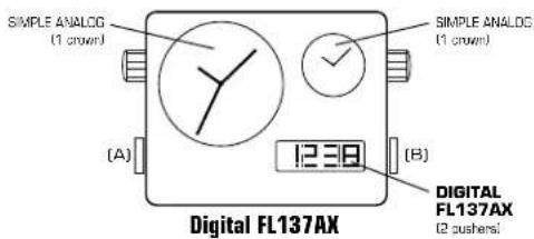 SIMPLE ANALOG (1 crown) (S) A SIMPLE ANALOG (1 crown) (B) Digital FL137AX DIGITAL FL137AX (2 pushers)