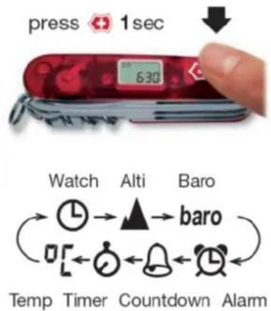 press 1sec 6:30 Watch Alti Baro baro Temp Timer Countdown Alarm