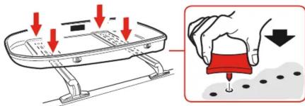 Diagram showing a hand using a tool to press down a device with red arrows indicating downward motion.
