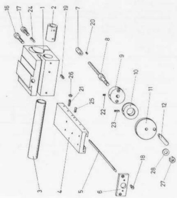 Exploded view diagram of a mechanical assembly with numbered parts for identification