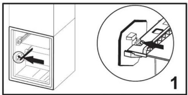 Diagram showing a door lock inside a refrigerator and its corresponding schematic of a mechanical assembly (no text or symbols present)