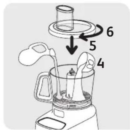 Diagram of a blender with numbered parts indicating the process: top, side, and bottom views.