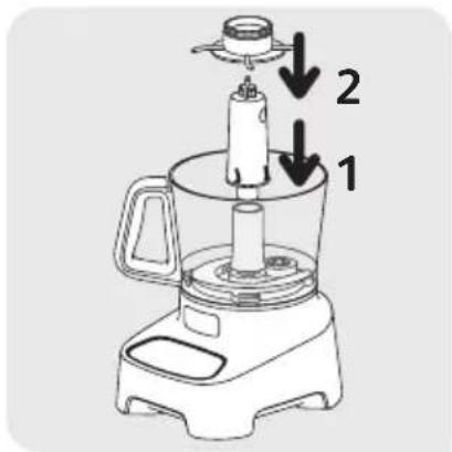 Diagram of a kitchen appliance with labeled parts and directional arrows indicating assembly steps