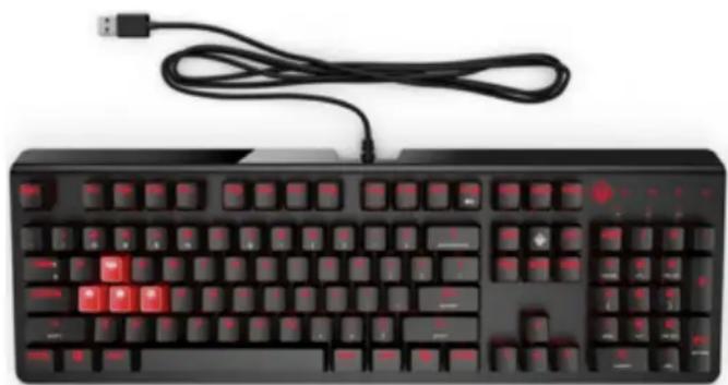 Clavier d'ordinateur noir et rouge avec câble USB, sans texte ni symboles visibles
