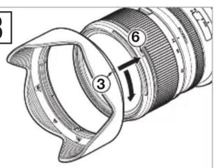 Technical diagram of a camera lens with numbered parts and directional arrows indicating rotation or movement.