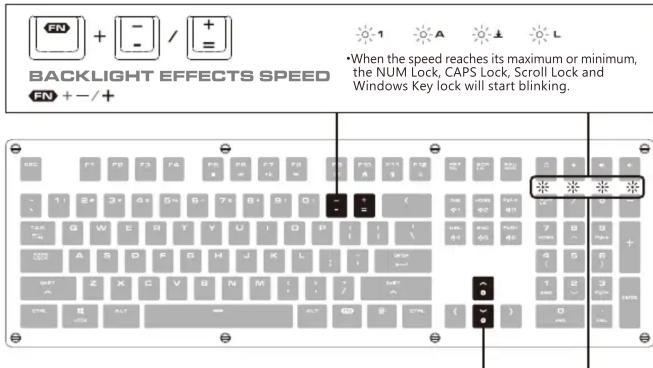 BACKLIGHT EFFECTS SPEED When the speed reaches its maximum or minimum, the NUM Lock, CAPS Lock, Scroll Lock and Windows Key lock will start blinking.