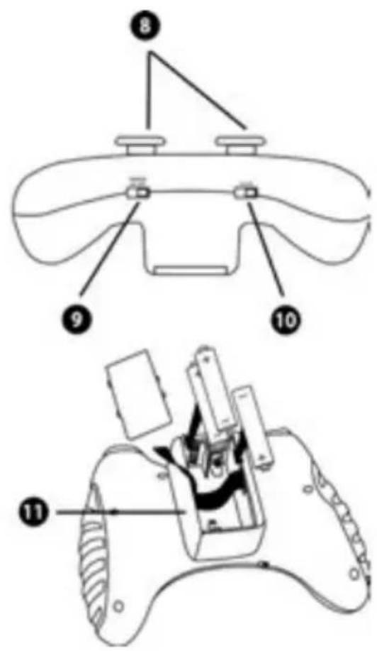 Technical diagram of a game controller with labeled parts, showing top and side views with numbered annotations.
