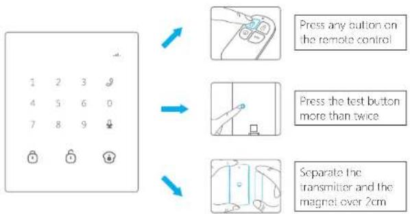 Press any button on the remote control Press the test button more than twice Separate the transmitter and the magnet over 2cm