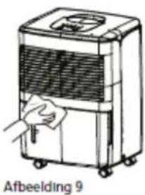 Illustration d'une main nettoyant un climatiseur portable (aucun texte ou symbole sur l'appareil lui-même).