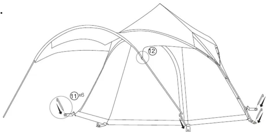Technical diagram of a tent structure with numbered components and directional arrows indicating assembly or movement.