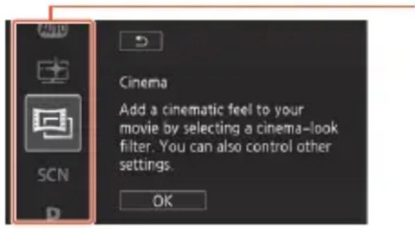 Cinema: Add a cinematic feel to your movie by selecting a cinema-look filter. You can also control other settings. OK