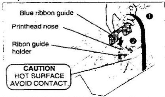Blue ribbon guide Printhead nose Ribon guide holder CAUTION HOT SURFACE AVOID CONTACT.