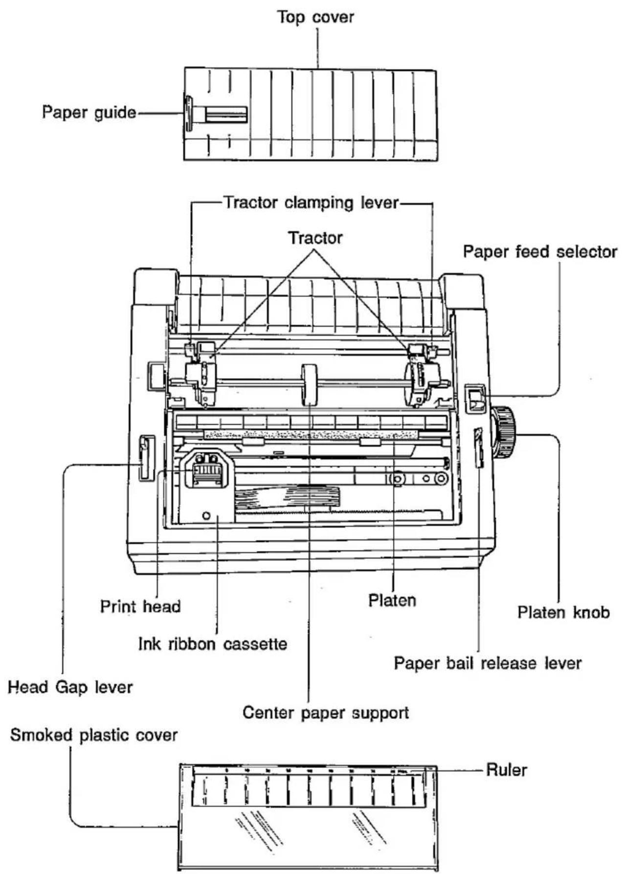 Top cover Paper guide Tractor clamping lever Tractor Paper feed selector Print head Ink ribbon cassette Platen Head Gap lever Center paper support Smoked plastic cover Ruler Platen knob Paper bail release lever