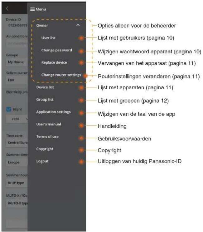 Menu Device ID 0123456789 Air condition Groupe My House Select current EUR Electricity pr Night 21:00 Time zone Central Euro Summer time Europe Summer hour 8/10" type AUTO-X / ICA AUTO-X typ Owner User list Change password Replace device Change router settings Device list Group list Application sett…