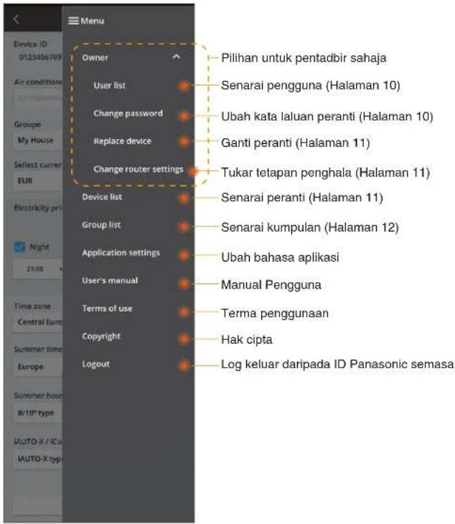 Menu Device ID 0123456789 Air condition Groupe My House Select current EUR Electricity pr Night 21:00 Time zone Central Euro Summer time Europe Summer hour 8/10" type AUTO-X / ICu AUTO-X typ Owner User list Change password Replace device Change router settings Device list Group list Application sett…