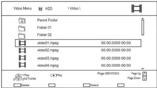 Video Menu HDD \ Video\ Parent Folder Folder 01 Folder 02 video01.mpeg 00.00.0000 00:00 video02.mpeg 00.00.0000 00:00 video03.mpeg 00.00.0000 00:00 video04.mpeg 00.00.0000 00:00 Play RETURN Play Page 0001/0003 Page Up Page Down Delete Select