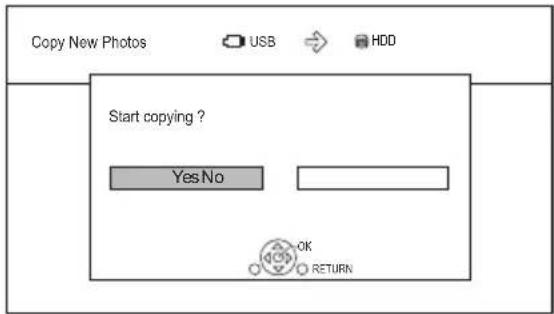 Copy New Photos USB HDD Start copying ? Yes No OK RETURN