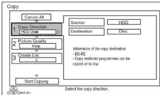 graph TD A["Cancel All"] --> B["Copy Direction"] B --> C["Picture Quality"] C --> D["Create List"] D --> E["Start Copying"] F["Source"] --> G["HDD"] H["Destination"] --> I["Disc"] J["Information of the copy destination"] --> K["- BD-RE"] K --> L["- Copy restricted programmes can be copied on to disc…