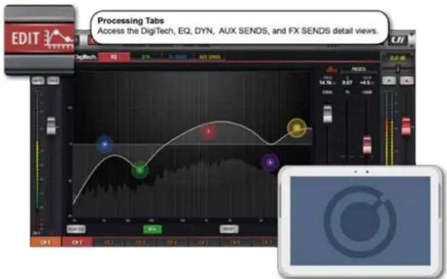 Processing Tabs Access the DigiTech, EQ, DYN, AUX SENDS, and FX SENDS detail views.