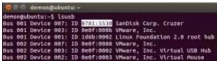 demongubuntu:~$ lsusb Bus 001 Device 007: ID 0781:5530 SanDisk Corp. Cruzer Bus 001 Device 003: ID 8e0f:000b VMware, Inc. Bus 001 Device 001: ID 166b:0002 Linux Foundation 2.0 root hub Bus 002 Device 007: ID 8e0f:0008 VMware, Inc. Bus 002 Device 003: ID 8e0f:0002 VMware, Inc. Virtual USB Hub Bus 002 Device 002: ID 8e0f:0003 VMware, Inc. Virtual Mouse