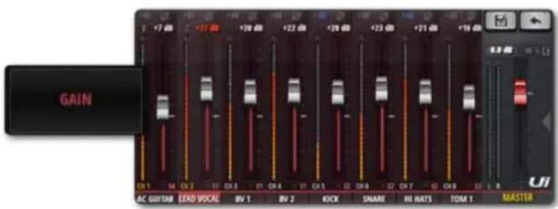 GAIN AC GUITNB LED VOCAL BV 1 BV 2 KICK SNART HI RATS TOM 1 MASTER