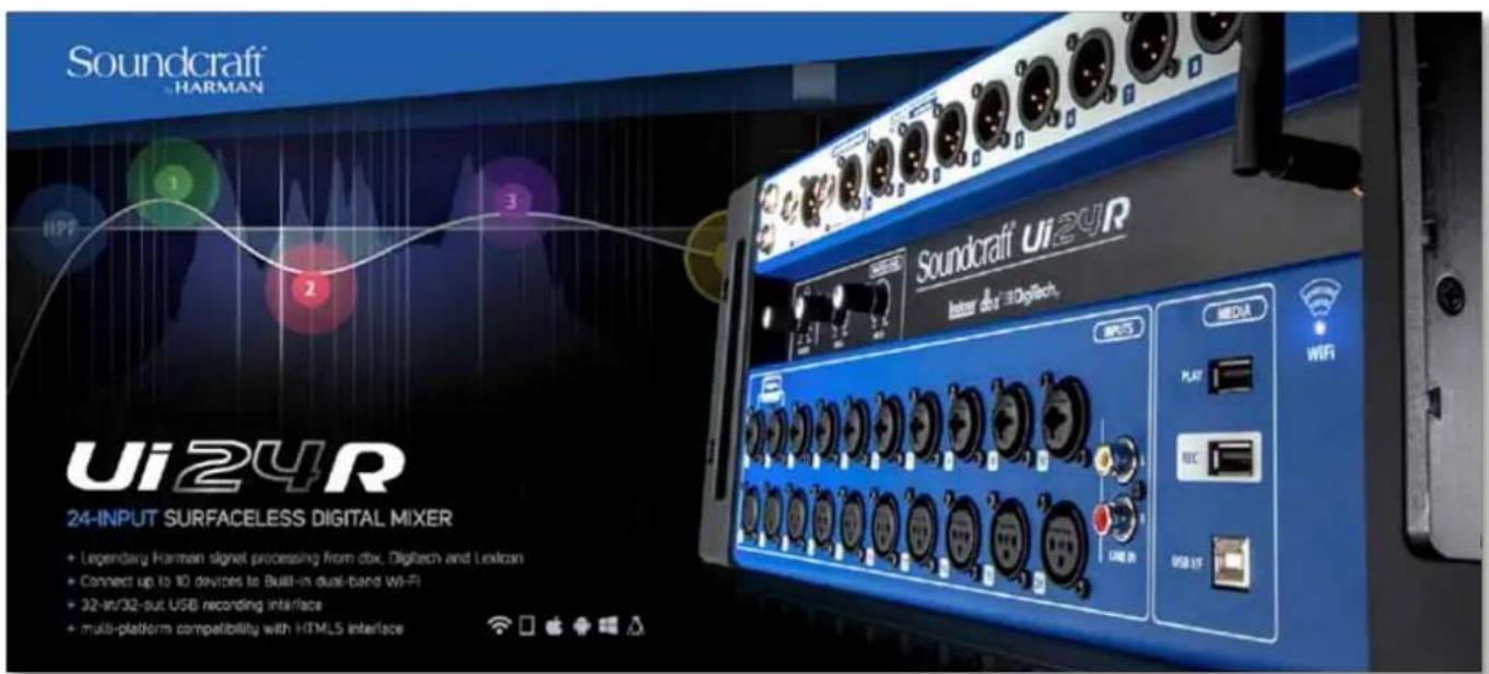 Soundcraft HARMAN UI24R 24-INPUT SURFACELESS DIGITAL MIXER • Legendary Harman signal processing from dbx, Digitech and Lexicon • Connect up to 10 devices to Build-in dual-band Wi-Fi • 32-in/32-out USB recording interface • multi-platform compatibility with HTML5 interface