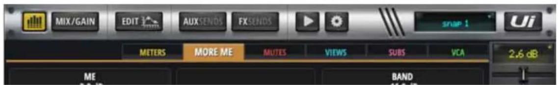 MIX/GAIN EDIT AUXSENOS FXSENDS snap 1 Ui METERS MORE ME MUTES VIEWS SUBS VCA 2.6 dB ME BAND