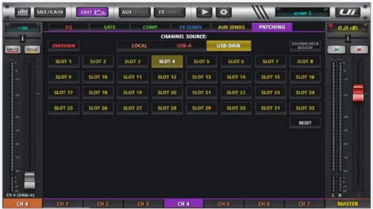 MIX/GAIN EDIT AUX SENS FX SENS SNAP 1 EQ GATE COMP FX SENS AUX SENS PATCHING CHANNEL SOURCE: OVERVIEW LOCAL USB-A USB-DAW SOUNDCHECK ASSIGN SLOT 1 SLOT 2 SLOT 3 SLOT 4 SLOT 5 SLOT 6 SLOT 7 SLOT 8 SLOT 9 SLOT 10 SLOT 11 SLOT 12 SLOT 13 SLOT 14 SLOT 15 SLOT 16 SLOT 17 SLOT 18 SLOT 19 SLOT 20 SLOT 21 SLOT 22 SLOT 23 SLOT 24 SLOT 25 SLOT 26 SLOT 27 SLOT 28 SLOT 29 SLOT 30 SLOT 31 SLOT 32 RESET CH 4 (DAW-4) CH 4 CH 1 CH 2 CH 3 CH 4 CH 5 CH 6 CH 7 MASTER