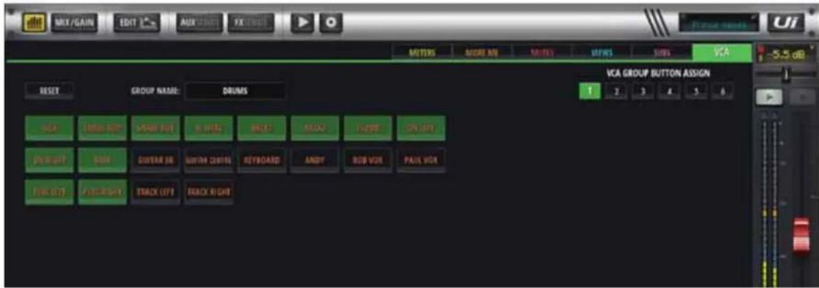 METERS MORE MB MINTS MINS VCA -5.5 dB RESET GROUP NAME: DRUMS VCA GROUP BUTTON ASSIGN 1 2 3 4 5 6 NCA GREEN RED GREEN Blue BLUE BREAK ON/OFF ON/LAT SHORT HOLD SHORT RED SHORT CHIPS REBOARD ANDY RED VOX PAUL VOX FIRE OUT FIRE RIGHT TRACK LEFT TRACK RIGHT