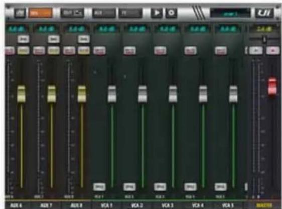 Screenshot of a audio editing software interface showing multiple audio tracks and playback controls with labeled channels like VCA 1, VCA 2, etc.