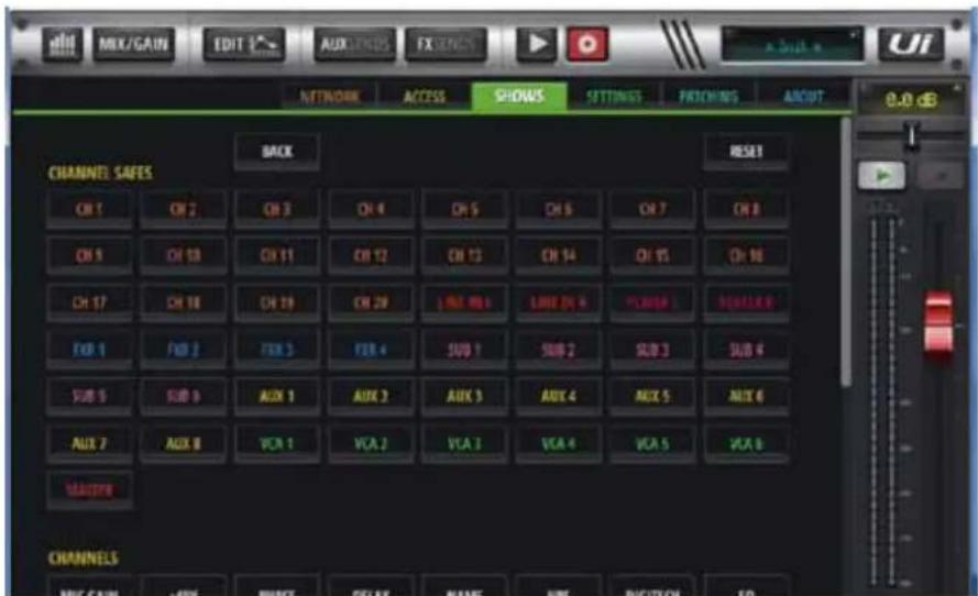 MIX/GAIN EDIT 1 AUX TENS FX ENES NETWORK ACCESS SHOWS SETTINGS FITCHING ABOUT 0.0 dB CHANNEL SAFES BACK RESET CH 1 CH 2 CH 3 CH 4 CH 5 CH 6 CH 7 CH 8 CH 9 CH 10 CH 11 CH 12 CH 13 CH 14 CH 15 CH 16 CH 17 CH 18 CH 19 CH 20 LND DR 21 FLAWR 22 SQUALEX FOR 1 FOR 2 FOR 3 FOR 4 SUB 1 SUB 2 SUB 3 SUB 4 SUB 5 SUB 6 AUX 1 AUX 2 AUX 3 AUX 4 AUX 5 AUX 6 AUX 7 AUX 8 VCA 1 VCA 2 VCA 3 VCA 4 VCA 5 VCA 6 MASTER CHANNELS
