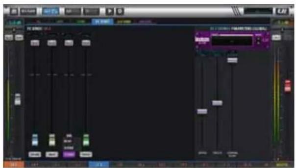 Screenshot of a video editing software interface showing playback controls and track tracks with color-coded channels