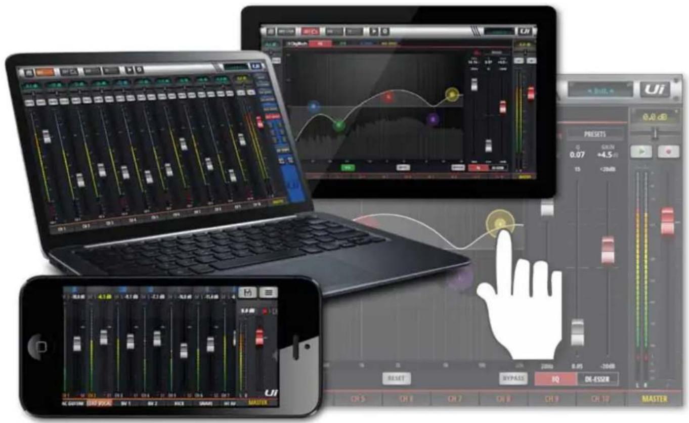 Screenshot of a music editing software interface showing audio workstation, laptop, and control panels with UI controls and playback controls.