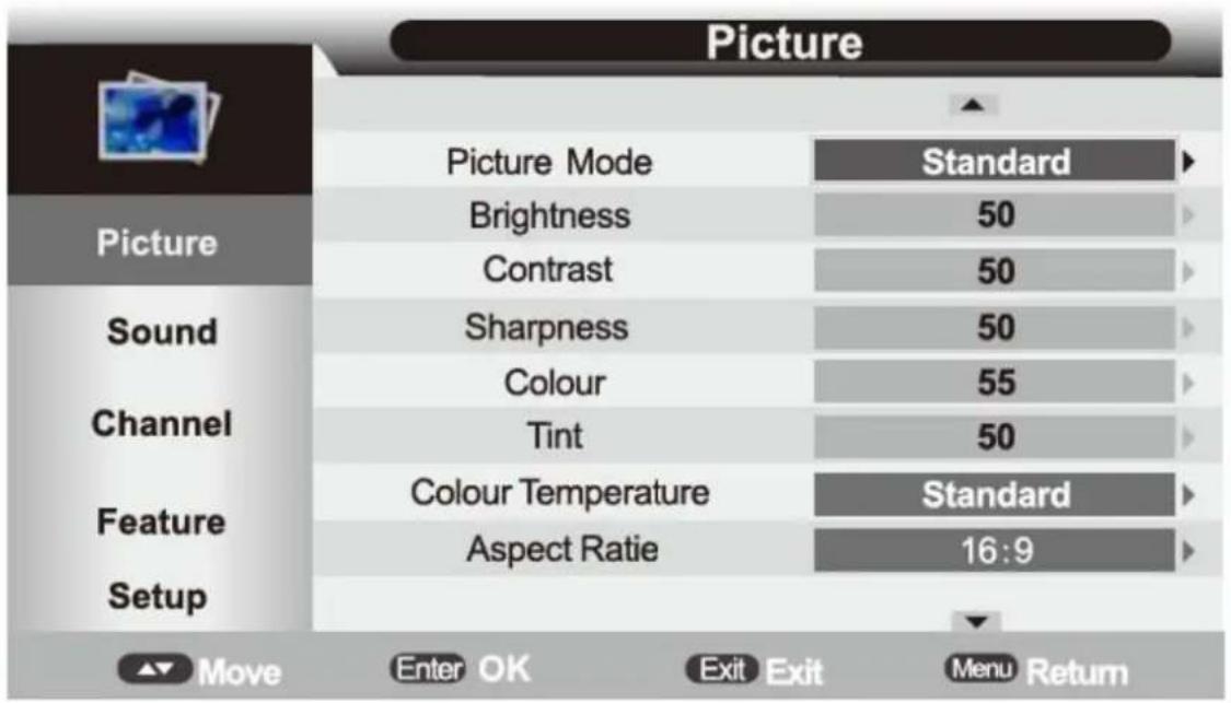 Picture Picture Mode Standard Brightness 50 Contrast 50 Sound Sharpness 50 Colour 55 Channel Tint 50 Feature Colour Temperature Standard Aspect Ratie 16:9 Setup Move Enter OK Exit Exit Menu Return