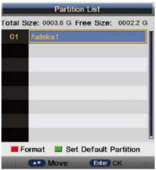 Partition List Total Size: 0003.6 G Free Size: 0002.2 G 01 /udska1 Format Set Default Partition Move Enter OK
