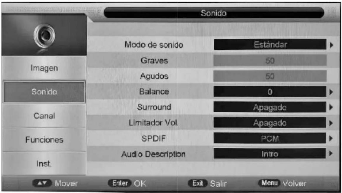 Sonido Modo de sonido Estándar Graves 50 Agudos 50 Balance 0 Surround Apagado Limitador Vol. Apagado SPDIF PCM Audio Description Intro Inst. Mover Enter OK Exit Salir Menu\Volver