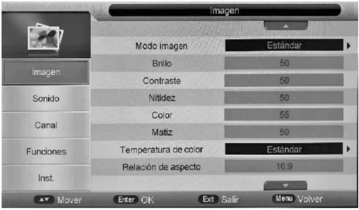 Imagen Modo imagen Estándar Brillo 50 Contraste 50 Nitidez 50 Color 55 Matiz 50 Temperatura de color Estándar Relación de aspecto 16:9 Imagen Sonido Canal Funciones Inst. Mover Enter OK Exit Salir Menu Volver