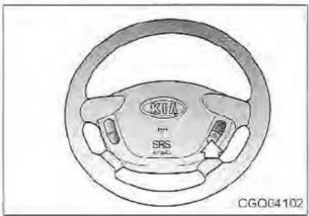 Line drawing of a car steering wheel with brand logo and SRS branding (no text or symbols on the diagram itself)