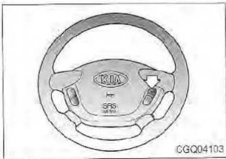 Line drawing of a car steering wheel with brand logo and SRS marking (no text or symbols beyond branding)